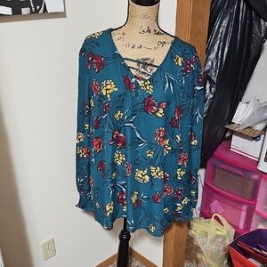 Maurices Teal and Red Floral Blouse